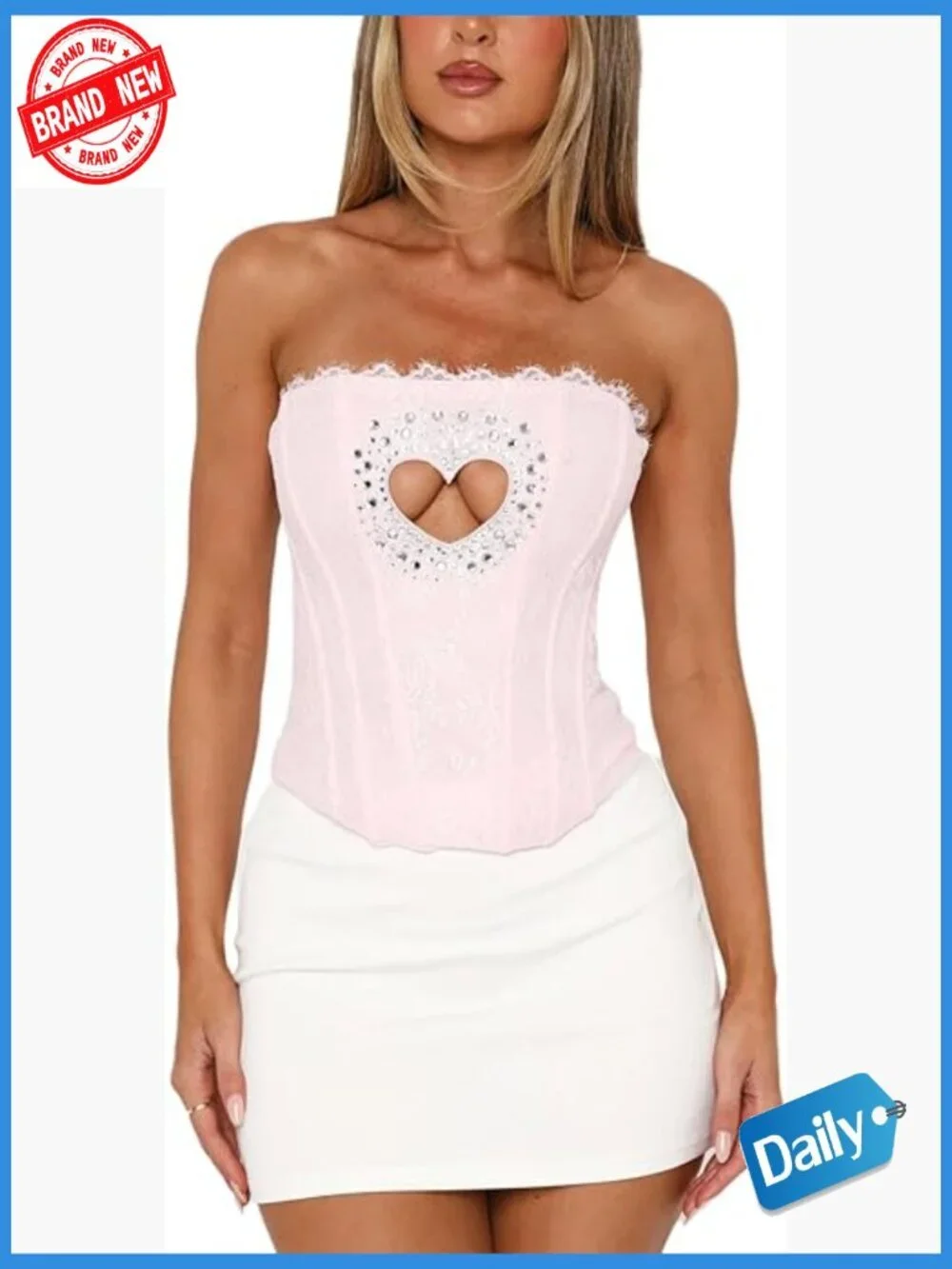 Heart Cutout Floral Embroidery Corset Top Strapless Boned Bustier Lace Up